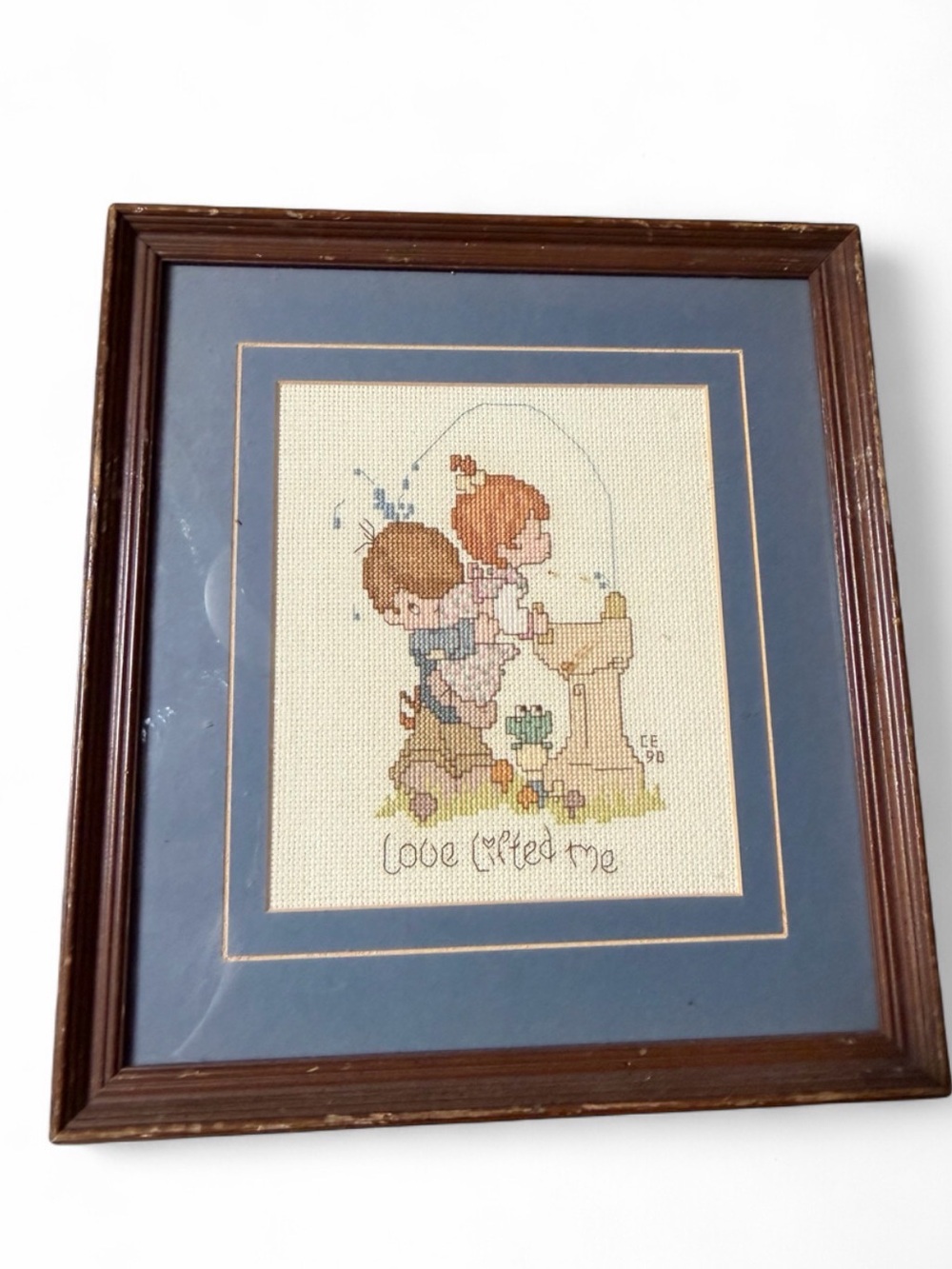 Precious Moments Brown Blue Cream Cross Stitch "Love Lifted Me"